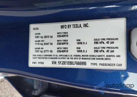 2020 Tesla Model 3 Long Range Dual Motor All-Wheel Drive из США, поврежденный, VIN 5YJ3E1EB8LF666995